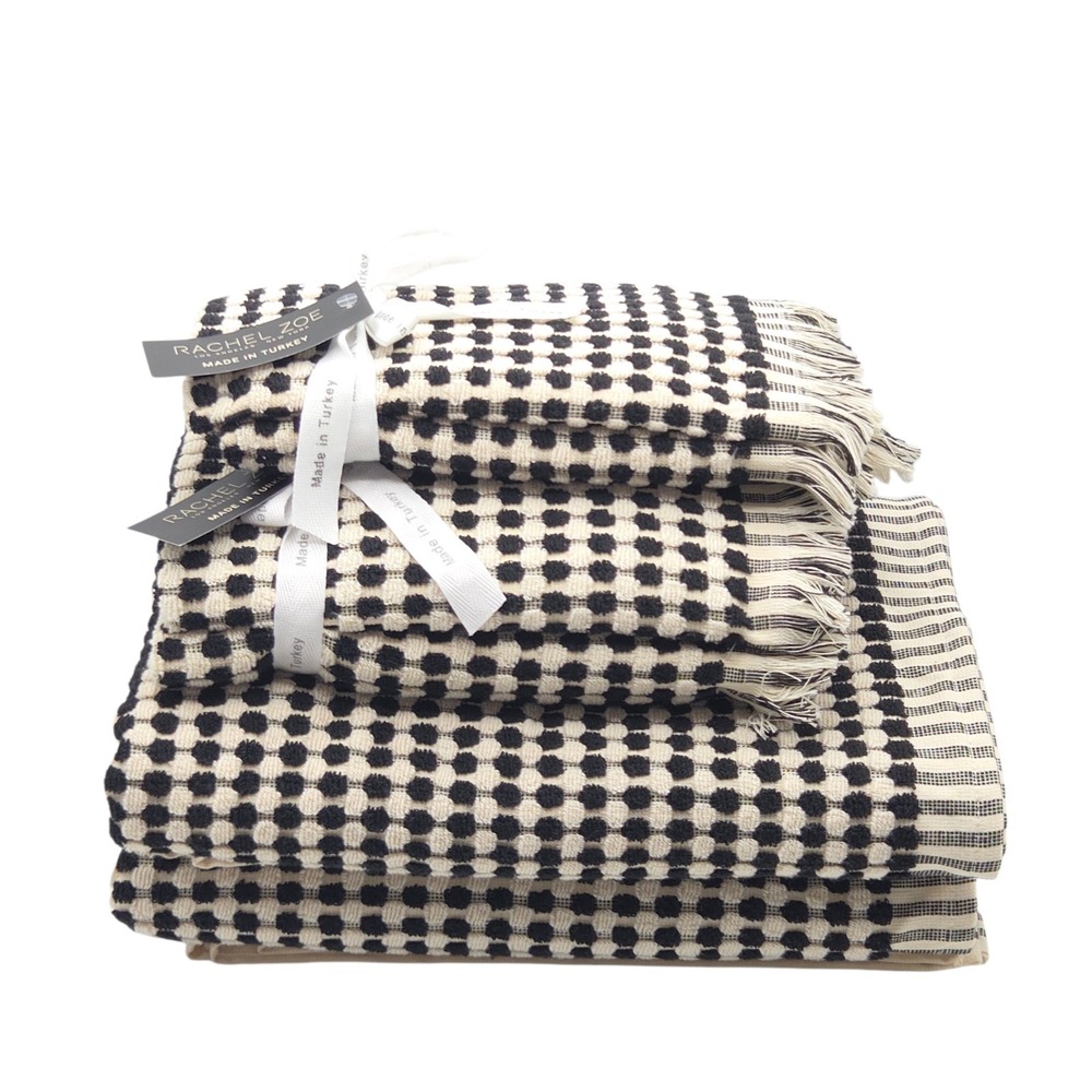 Rachel Zoe 6pc Turkish Cotton Towel Set Black Ecru Raised Dots 2Bath 2Hand 2tip - Picture 2 of 15